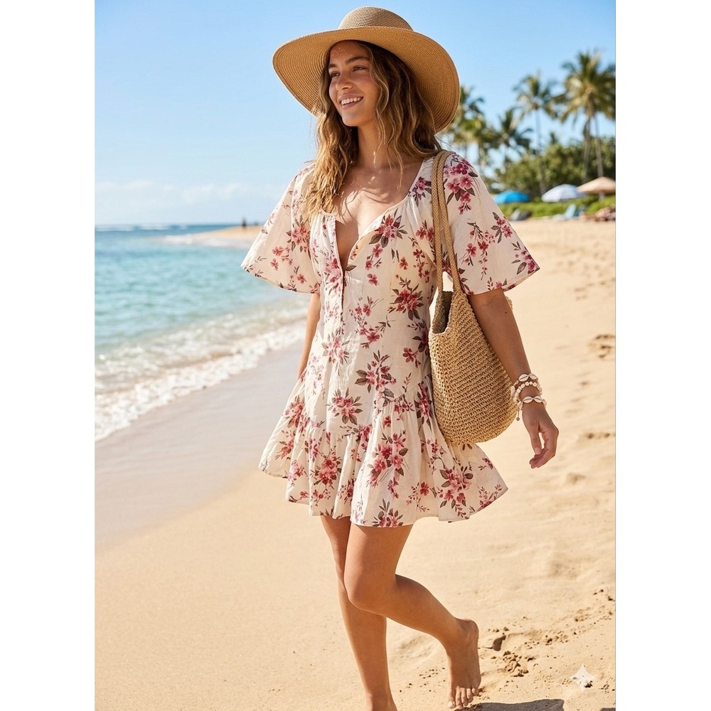 Abercrombie & Fitch π©·Floral Button-Front Mini Dress Cream Pink Flutter Sleeve M